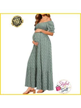 Maternity Maxi Dress Smocked Off Shoulder A-Line Baby Shower Photoshoot
